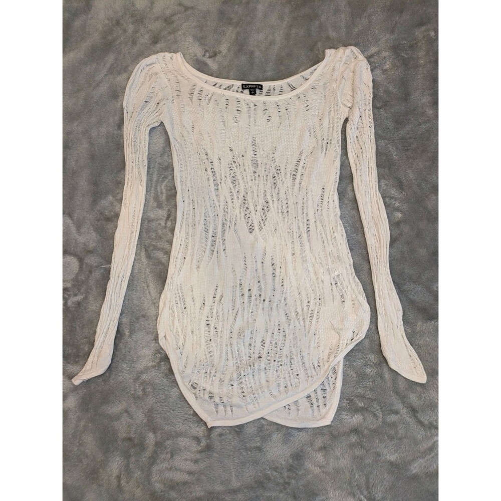 Express Open Knit Long Sleeve Top Asymmetrical Hem Small White